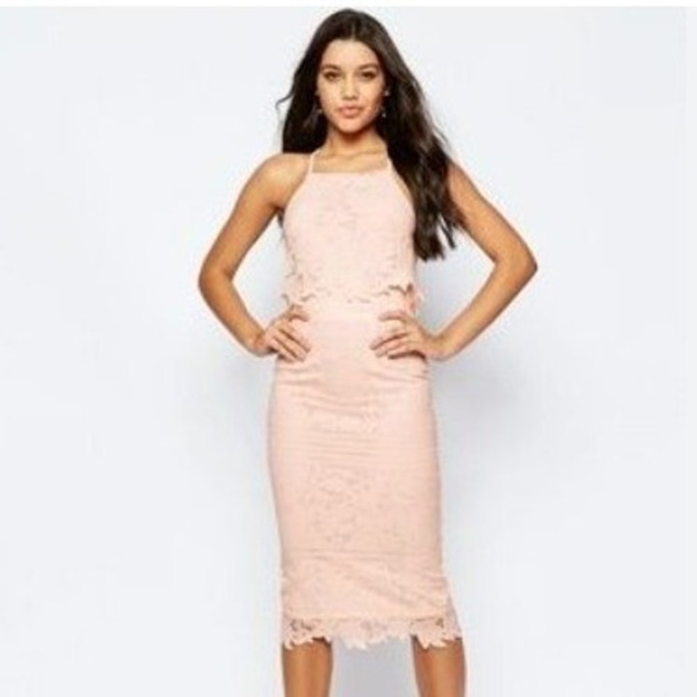ASOS I Blush Floral Lace Tiered Popover‎ Midi Dress I Size 14 I Halter Cocktail